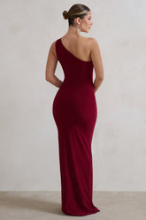 Berry One Shoulder Thigh Split Maxi Dress